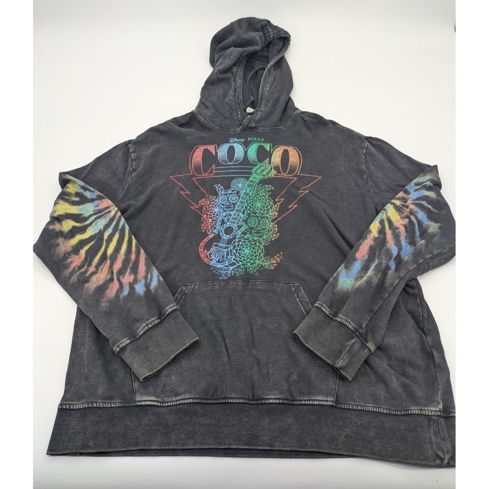 Disney Pixar Coco Hoodie Adult Large Black Tie Dye Acid Wash Pullover Guitar L